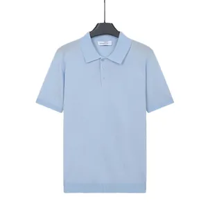 Men's light blue ice silk knit polo shirt for summer, short sleeves with ribbed hem