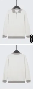 Men's white long sleeve zip polo knit sweater with grey striped collar detailing
