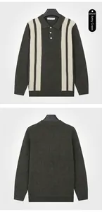 Front and back views of an army green striped polo collar knit sweater for men