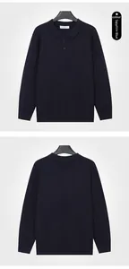 Detailed front and back views of a navy blue long-sleeve knit polo sweater for men