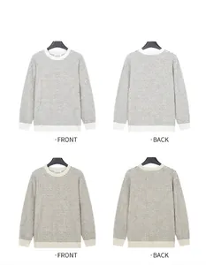 Front and back detail views of textured crewneck knit sweaters in white and beige.