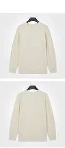 Front and back view of a men's long-sleeved apricot knitted sweater with button neck.