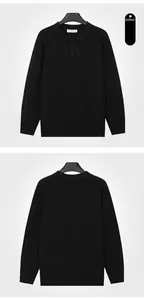 Front and back detail of a premium black long-sleeved polo collar knit sweater for men