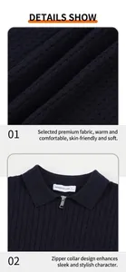 Gros plan sur le tricot texturé bleu marine et détail du col polo à demi-fermeture éclair