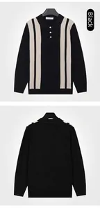 Front and back detail view of a men's black knit polo sweater with cream vertical stripes.