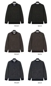 Multiple views of men's crewneck sweaters in black, brown, and navy blue with fine textures