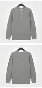 Front and back views of a grey ribbed knit men's long-sleeved Henley sweater with buttons