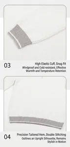 Detailed view of elastic cuffs and reinforced hem on men's white half-zip knit sweater