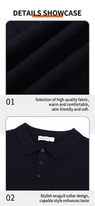 Detailed close-up showing the navy ribbed knit texture and the stylish polo collar design