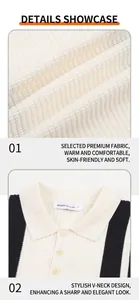 Close-up details of men's striped polo knit sweater showing fabric texture and collar.