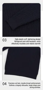 Détail des poignets élastiques et de l'ourlet renforcé sur le pull en tricot bleu marine