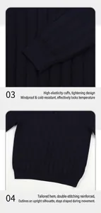 Detail view of the elastic ribbed cuffs and reinforced hem on this navy knit sweater