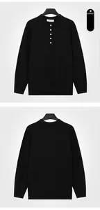 Detailed front and back views of a black ribbed men's long-sleeved Henley knit sweater.