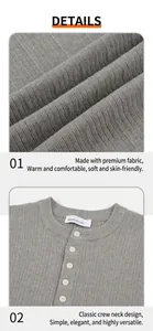 Close-up details of grey ribbed knit sweater with round neck and buttons