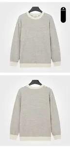Front and back views of a men's horizontal textured crew neck knit sweater in apricot