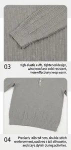 Detailed macro view showing the ribbed cuffs and hem of a grey knitted sweater