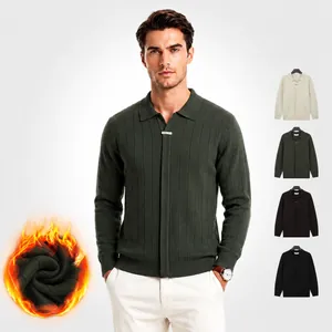Men's Business Casual Knit Cardigan Sweater Zipper Polo Collar Viscose Blend Long Sleeve Warm Ribbed Vertical Stripe Top