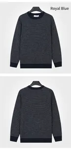 Detailed front and back view of a men's royal blue textured knit crewneck sweater.