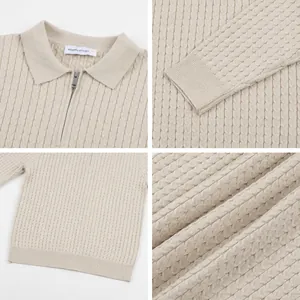 Pull pour hommes à demi-zip avec col polo et motif de torsades en tricot beige