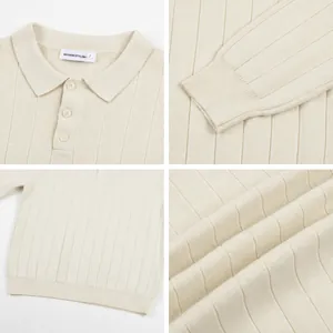 Detailed view of men's cream ribbed polo sweater showing collar and fabric.