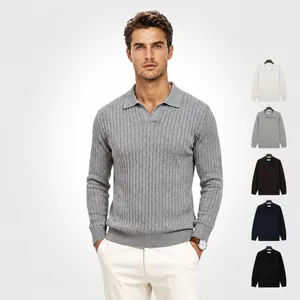 Herren Business Casual Strick Polo Shirt Viskose Polyester Mischung Rippen Vertikale Streifen Johnny Kragen Langarm Top Für Herbst