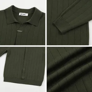 Detailed view of men's olive green ribbed knit polo cardigan with functional zipper detail