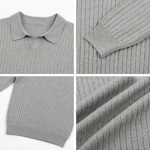 Graues langärmeliges Strick-Polohemd mit Rippenstruktur und klassischem Kragendetail