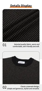Macro view of textured knit fabric and classic crew neckline of men's sweater