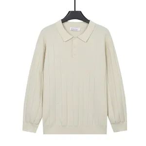 Men's long-sleeve knit polo sweater with ribbed texture in elegant cream white.