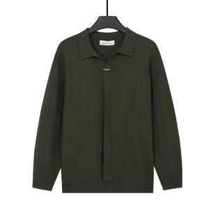 Men's olive green ribbed polo knit cardigan with full zipper and classic collar