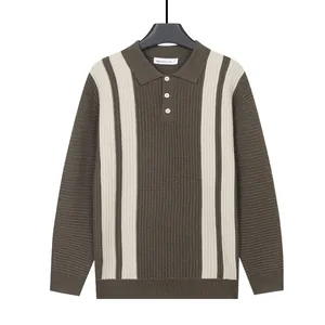 Premium men's long sleeve knit polo sweater with vertical stripes for autumn winter