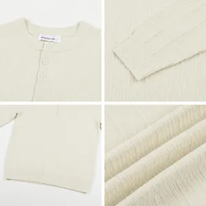 Detail views of a men's off-white ribbed knit sweater featuring buttoned neckline