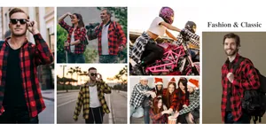 Lifestyle collage of men wearing classic red and black flannel plaid shirts outdoors.