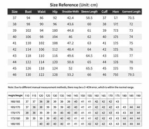 Tableau des tailles détaillé pour chemises en soie incluant poitrine et épaules