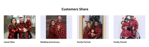 Lifestyle photos of families wearing matching red and black plaid flannel shirts
