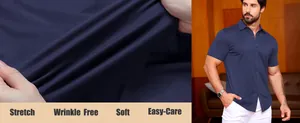 Détail de la chemise muscle stretch bleu marine montrant le tissu doux et infroissable.