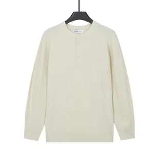 Cream white men's ribbed knit henley sweater with button collar and long sleeves