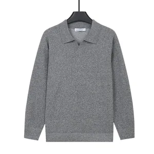 Maglione grigio da uomo in maglia con colletto polo e maniche lunghe in stile business