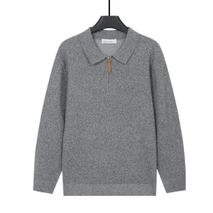 Jersey de punto gris para hombre con cuello polo y media cremallera business