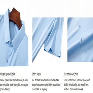 Vue détaillée d'une chemise bleu clair montrant le col, les manches et les boutons.