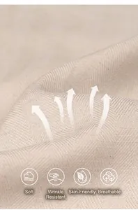 Macro detail of beige linen fabric showing herringbone weave and breathability icons.