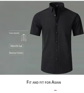 Slim fit black short sleeve business shirt with four-way stretch fabric for men.