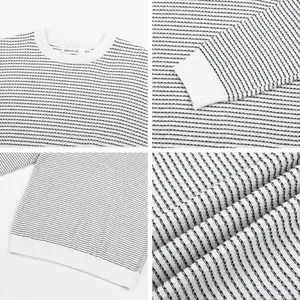 Men's textured knit sweater details showing classic round neck and premium fabric