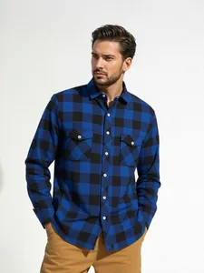Close-up of a blue and black buffalo check flannel shirt for men in casual style