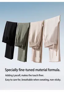 Close-up detail of breathable Lyocell men's straight casual pants in four neutral colors