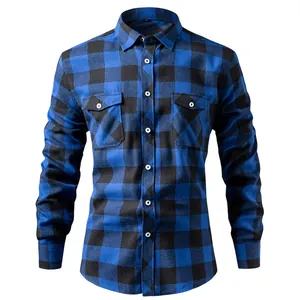 Men's classic blue and black plaid long sleeve shirt with double chest pockets.