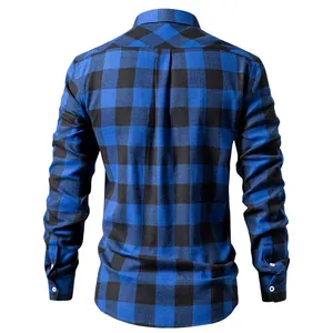 Back view of men's blue and black checkered long-sleeve casual plaid flannel shirt