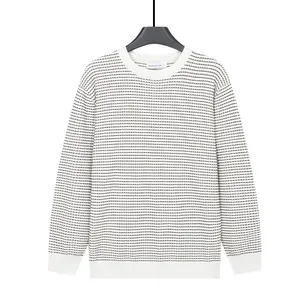 Classic men's crewneck sweater with black horizontal stripes on white knit texture