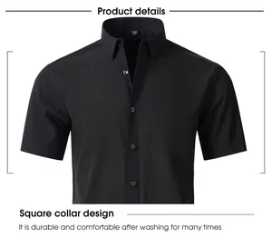 Detalle de una camisa de negocios negra de manga corta para hombre con cuello cuadrado
