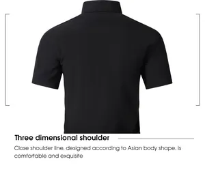 Detalle del diseño del hombro en camisa de negocios negra de manga corta